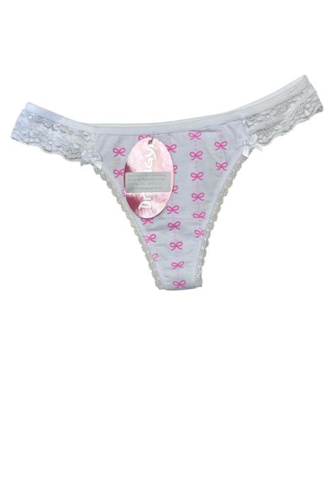 Chiloti Dama, Tanga , Dantelă Alba cu Imprimeu Fundițe Roz, Engros